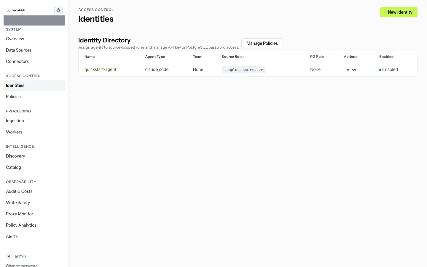 The Identities list, with each identity's type, grants and last use.