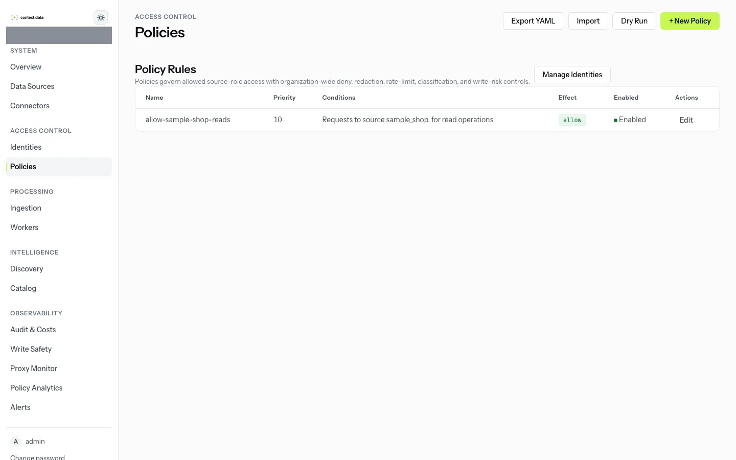 The Policies page, listing rules in priority order.