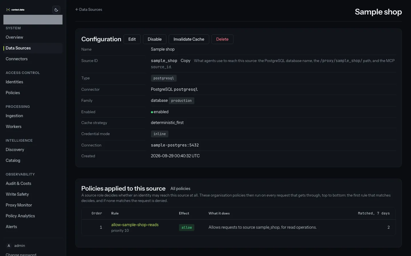 The Sample shop source page, showing its ID, connector and the policy that applies to it.