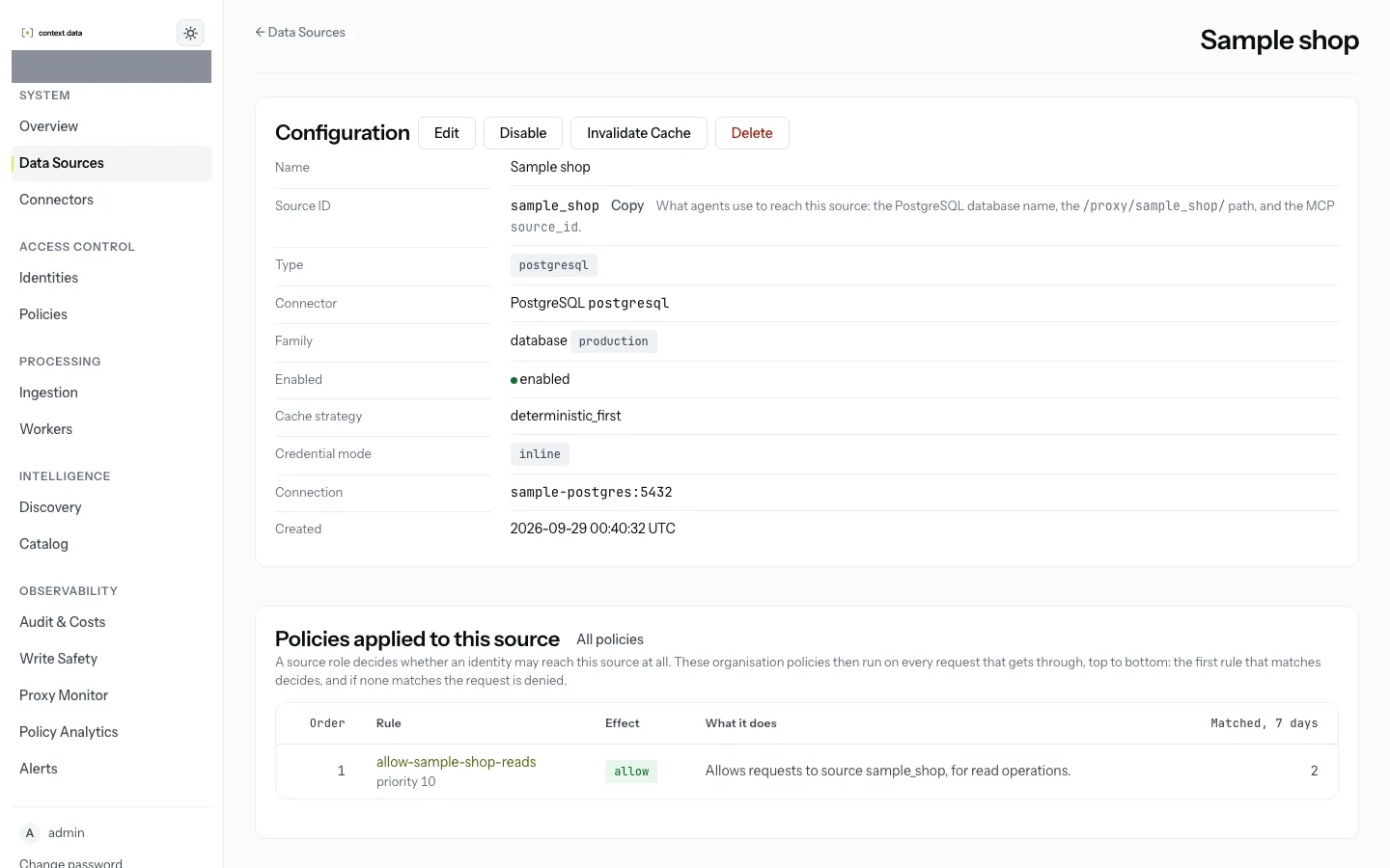 The Sample shop source page, showing its ID, connector and the policy that applies to it.
